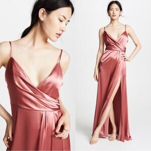 Jill Jill Stuart | Salmon Pink Silky Wrap Gown in Rosewood Front Slit Barbie 10